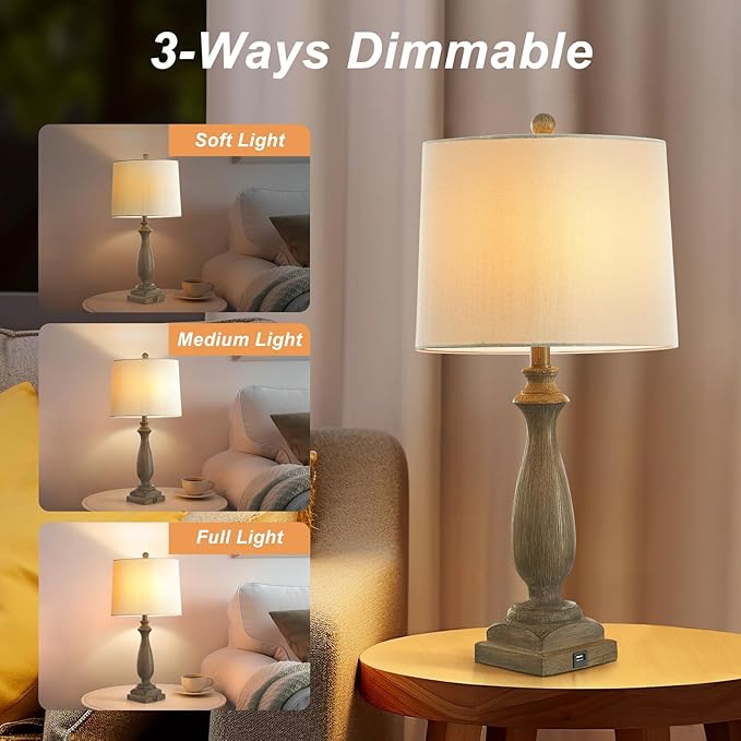 26'' Traditional Table Lamps Set of 2 with USB Charging Port, 3-Way Dimmable Rustic Farmhouse Resin Bedside Lamps for Bedroom, Vintage Nightstand Desk Lamp for Living Room &White Linen Shade
