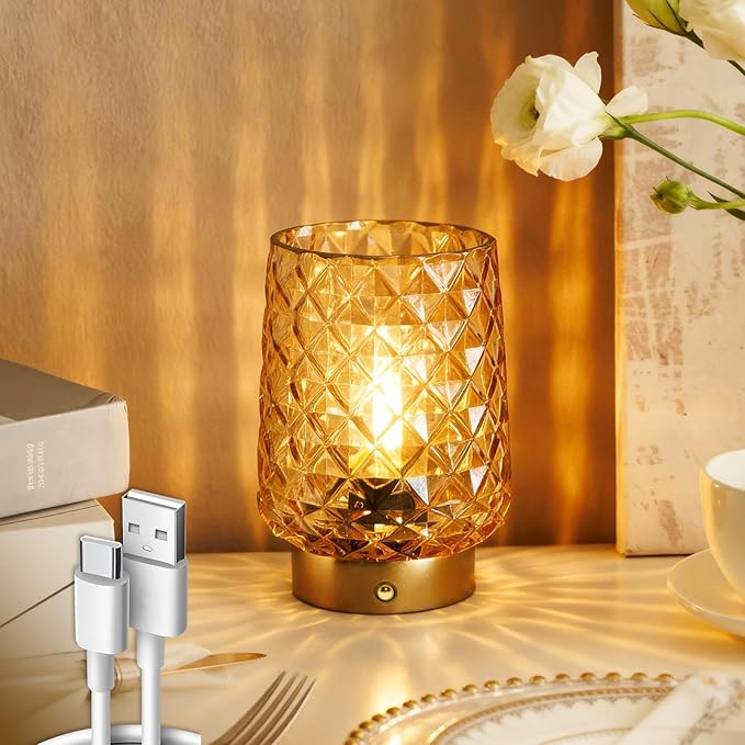MJ PREMIER Cordless Rechargeable Table Lamp, Dimmable Portable Night Light with Diamond Facet Design, 1800mAh Battery Operated Lamp for Bedside Patio Outdoor Home Decor Emergency Gift for Women Yellow