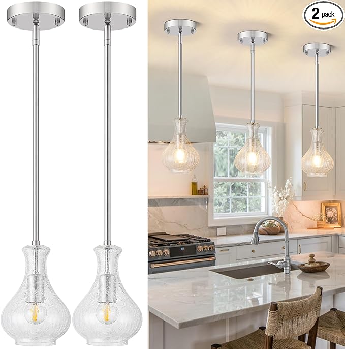 Brushed Nickel Pendant Lights Kitchen Island 2 Pack, 5.9" Modern Crackle Glass Pendant Light Fixtures Single Hanging Lighting with Adjustable Rods for Kitchen Island, Sink, Bathroom, E26 Base