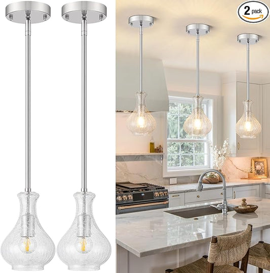 Brushed Nickel Pendant Lights Kitchen Island 2 Pack, 5.9" Modern Crackle Glass Pendant Light Fixtures Single Hanging Lighting with Adjustable Rods for Kitchen Island, Sink, Bathroom, E26 Base