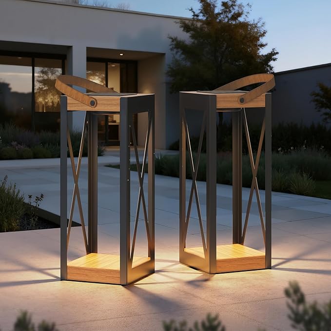 Solar Yard 2-Pack Outdoor Floor Lamp Solar Powered Light with 50/100 LM Dual Brightness & Memory Mode, Waterproof Metal Solar Lantern with Handle, Plant Decor for Patio, Yard, Porch, Large X-Black