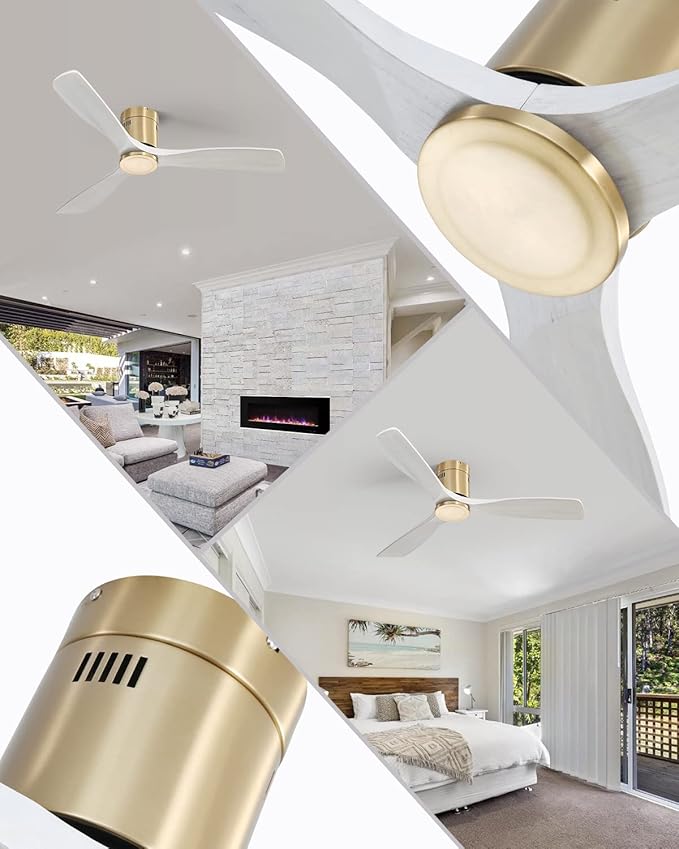 52'' Low Profile Ceiling Fans No Light with Remote Control, Flush Mount Ceiling Fan Without Lights,Outdoor Ceiling Fan for Patios Noiseless DC Motor,White wood blades Golden body