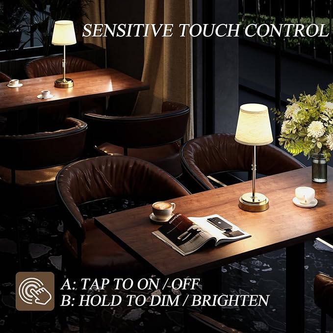 Cordless Table Lamp Rechargeable - Portable LED Desk Lamp for Dining Room,Bedroom,Patio - 2-in-1 Adjustable Height (16"/11") Touch Light - Stepless Dimmable(Warm White) (Antique Brass, 2 Pack)