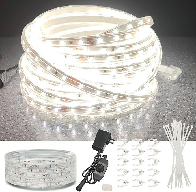 33ft Outdoor LED Strip Lights Waterproof, 600 LEDs 12V Rope Lights, White Flat and Flexible Rope Lighting for Outside, Dimmable Light Strip Indoor for Bedroom, Not Tube Light