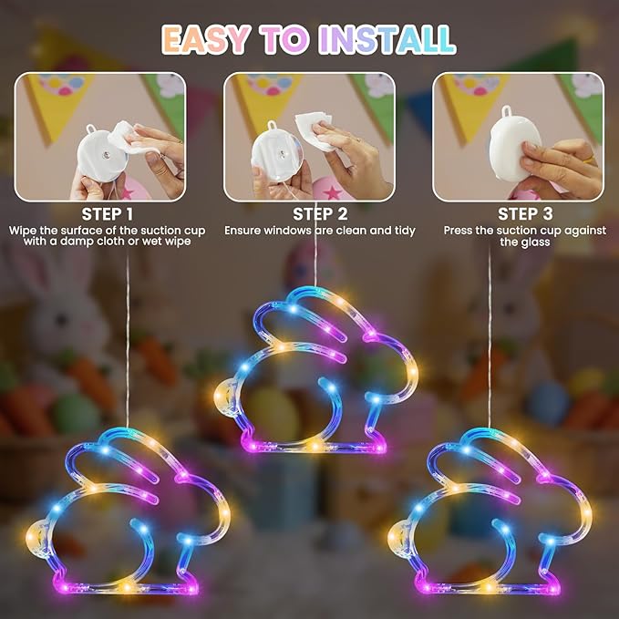 3 Pack Easter Window Lights, Multicolor Bunny Lights, Battery Operated Easter Window Decorations Light up with Suction Cup and Timer Function for Indoor Window Glass Wall Party Decor