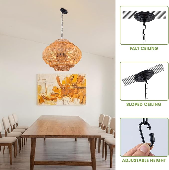23.6‘’ Rattan Chandelier Dinning Room Pendant Light Fixture Boho Chandelier Boho Hanging Light Large Basket Light Woven Rattan Pendant Light for Kitchen Island Bedroom Farmhouse Living Room