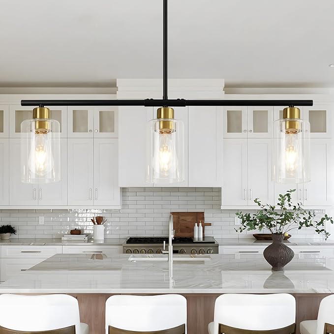 WILON Kitchen Island Lighting, 3 Lights Black Linear Chandeliers Modern Farmhouse Chandelier with Glass Shades for Kitchen Island Living Dining Room Foyer Bedroom (Black Gold, 3 Lights)