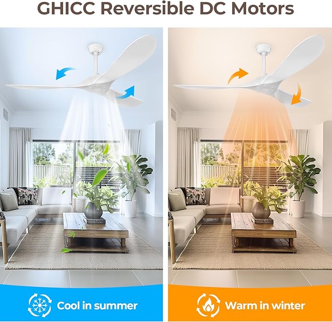 Ceiling Fan Without Lights,Outdoor Ceiling Fan with Remote, 6-Speed Adjustable Reversible DC Motor for Patio & Living Room (White, 52 in)