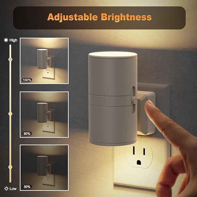 JandCase Night Lights Plug into Wall, Dimmable Gray Night Lights with Dusk to Dawn Light Sensor, Soft White 3000K, 0-100LM Adjustable Brightness Nightlight for Hallway Bathroom, 2 Pack