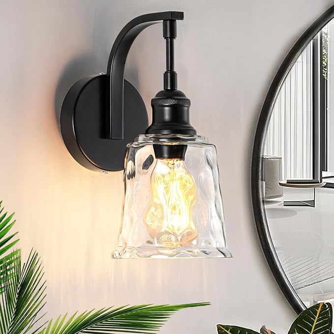 Blck Wall Sconce, Modern Matte Black Sconces Wall Lighting, Vintage Glass Light Fixtures for Bathroom Vanity Mirror Living Room Bedroom Kitchen Hallway Stairway E26 Hardwire