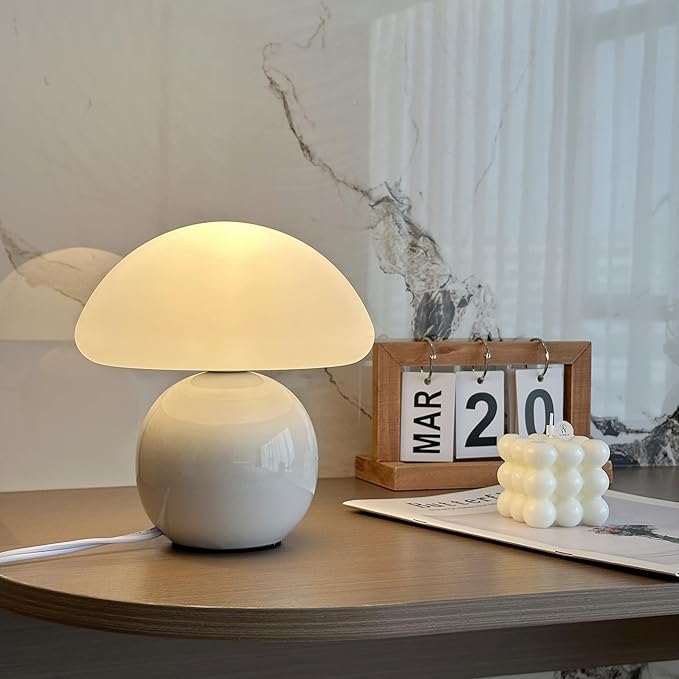 Mushroom Lamp Ceramic Base,Bedside Lamps White Cute 70s Mid Century Modern Decor Lamp for Bedroom,Small Abstract Table Bedside Glass Mood Coze Fun Warm Light