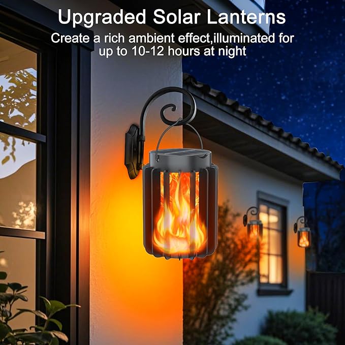 Solar Lantern Outdoor Lights 4 Pack, Upgraded Flickering Flame Solar Lanterns Lights Outdoor Waterproof, Hanging Lantern Decorative, Solar Powered Lanterns for Yard Patio Path Garden Decor
