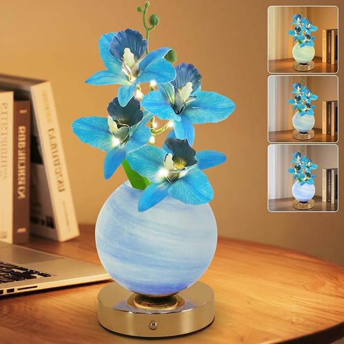 Flower Table Lamp, 3 Colors Orchid Night Light, Cordless Touch Dimming Artificial Flower with Vase Lamp, LED Desktop Decorative Landscape Lights for Festival Party Home Decor (Blue Orchid)