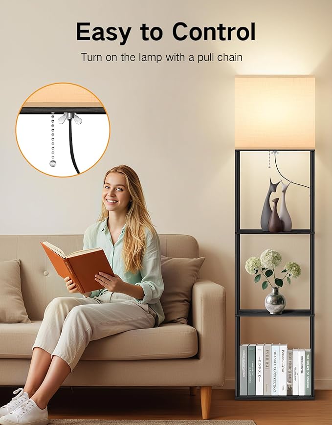 OUTON Floor Lamp with Shelves, Modern Large Size Rectangle Standing Shelf Lamp with 3 Color Temperature Bulb, Storage Display Wood Column Tall Bookshelf Lamp for Living Room, Bedroom Office, Black