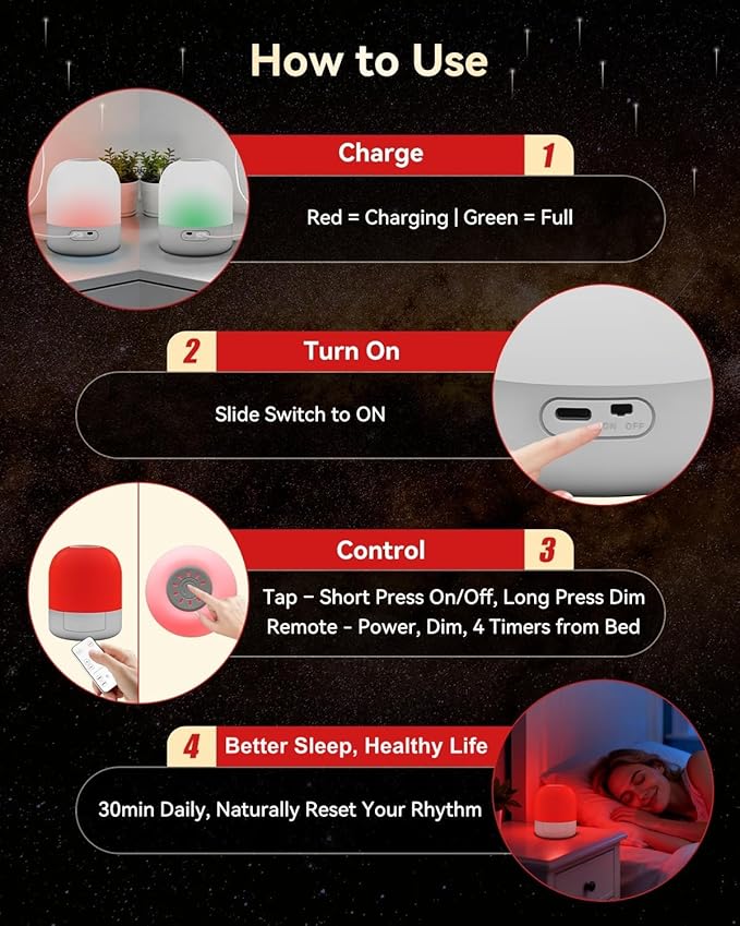 670nm Red Light for Sleep, 100% Blue Light Blocked & 10%-100% Dimmable & 4 Timers & Remote + Touch, Rechargeable Long Lasting Red Night Light Sleep Lamp for Bedroom, Nursery, Reading