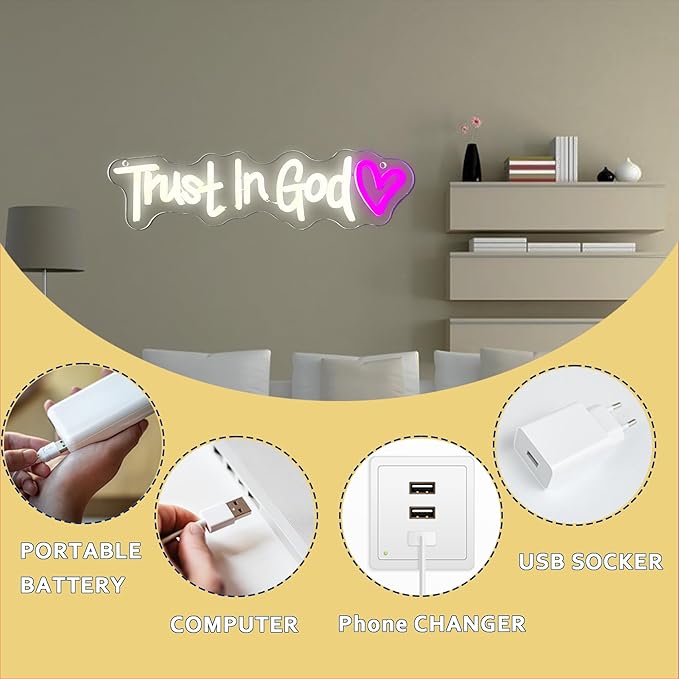 Symone Trust In God Neon Sign, USB Powered Dimmable Spiritual Decor Faith Hope Love Sign LED Neon Light, for Faith Religious Church Prayer Room Living Room Room(15.7 * 3.9 In)