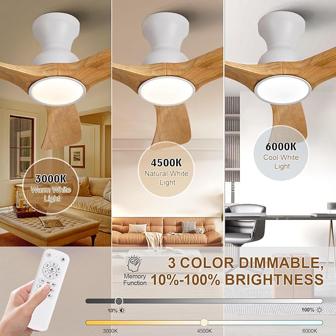 Flush Mount Ceiling Fans with Lights,36 inch,Remote Control,Wall Switch,Solid Wood Blades,Dimmable,Reversible Noiseless,Power Off Memory Modern Ceiling Fan for Bedroom Patio Indoor/Outdoor