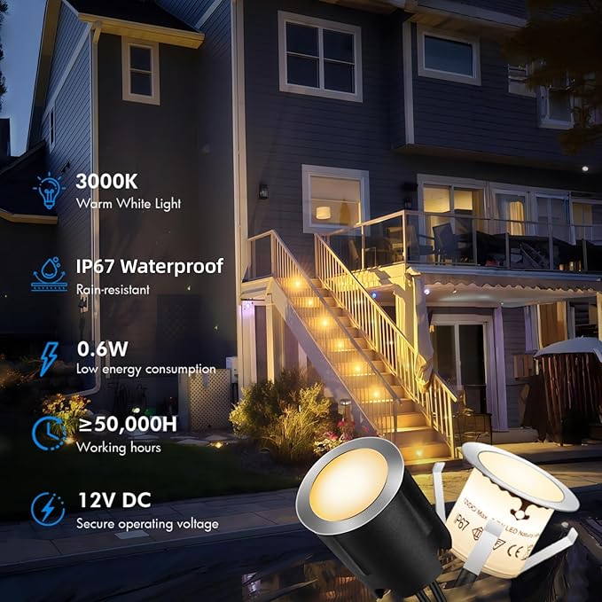 16 Pack LED Recessed Deck Lights with Protecting Shell, IP68 Waterproof Warm White, 0.6W , Outdoor Landscape Lighting, 12V Low Voltage Deck Lights Kit for Garden Yard Step Riser Stair Decoration