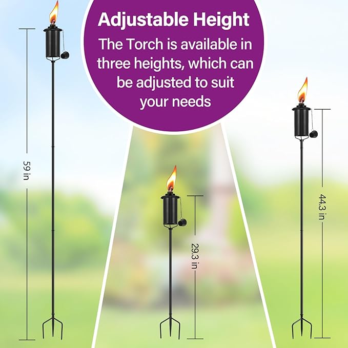 Home Garden Torch Set of 4, 16oz Outdoor Metal Torch Garden Décor, 59-Inch Upgraded Citronella Torches with 3-Prong Grounded Stake, Metal Light Torches for Party Patio Pathway