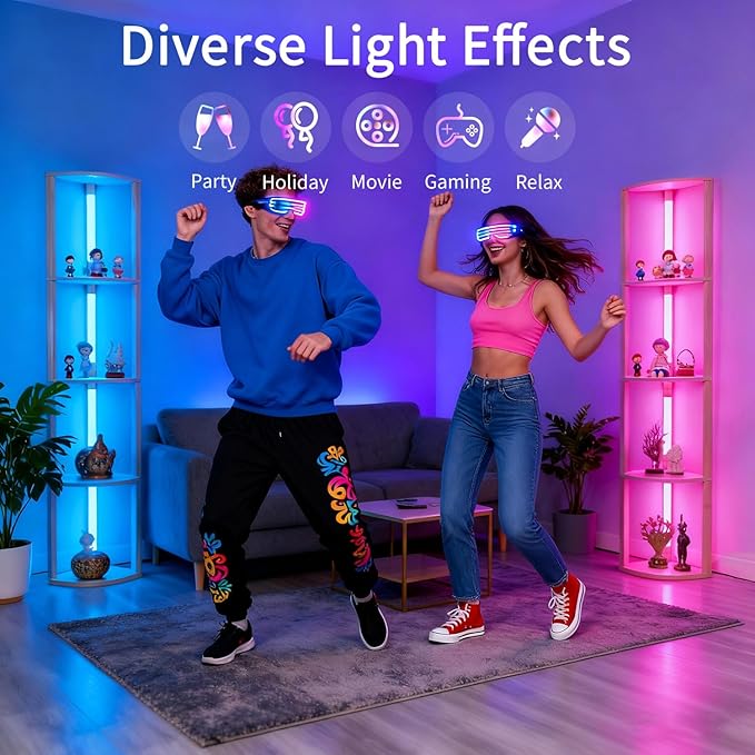 RGBCW Floor Lamp, Smart Modern Floor Lamp with Music Sync, Color Changing Corner Display Shelf Lamp, Standing Lamp with Shelves for Living Room and Bedroom, Office, Whitewashed Oak