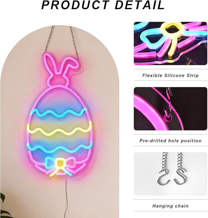 Easter Egg Neon Sign - Hidden Bunny & Colorful Eggs LED Wall Decor, USB Dimmable Spring Decor with Surprise Rabbit Design - Magical Easter Decorations for Home & Party
