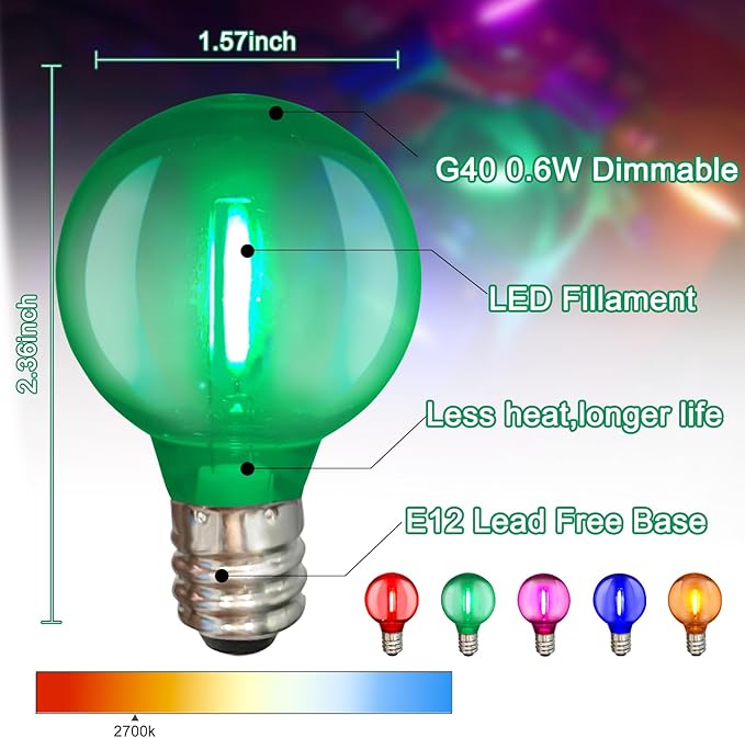 25 Pack Multicolor G40 LED Christmas Replacement Light Bulbs, Replacement Bulbs for Christmas String Lights, G40 Shatterproof Waterproof Dimmable Globe Lights Bulbs E12 Intermediate Base