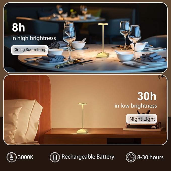 3 Pack 7.67in Gold Small Cordless Table Lamps Rechargeable, Battery Operated Mini Lamp, Small Lamp Touch Portable Table Lights, LED Night Light for Bedside/Dining/Bar/Outdoor (Gold-C)