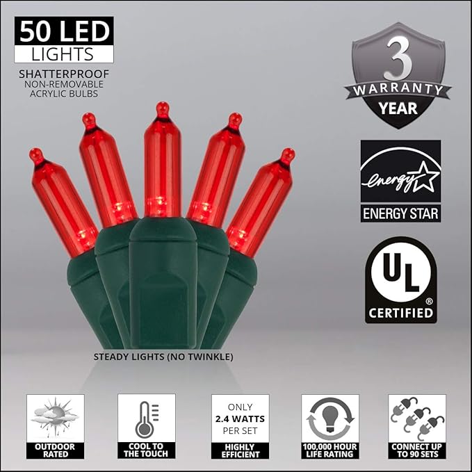 50 T5 LED Red Christmas Tree Lights, 25.5 ft Green Wire Indoor/Outdoor Commercial Grade Mini String, Valentine’s Day and Holiday Lighting