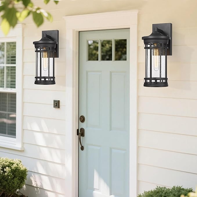 Outdoor Wall Sconce, Farmhouse Outdoor Wall Lantern with Seeded Glass ,Waterproof Exterior Lighting Fixture, Anti-Rust lamp Light for Patio Yard House Hallway Doorway Garage (Black,14.93 Inch Height)