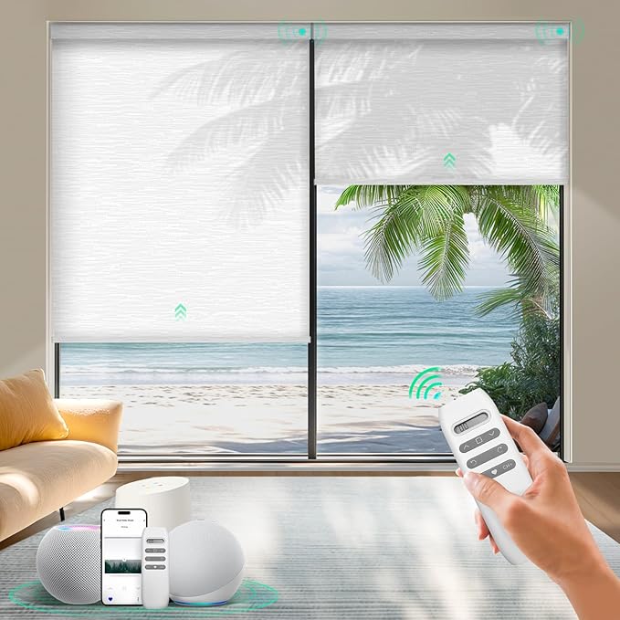 HeyBlinds Motorized Roller Shades, Smart Blinds for Windows, Remote Automatic Window Shades, Electric Shades, Light Filtering, Compatible with Alexa Google Apple Home (Moon River-White LF)