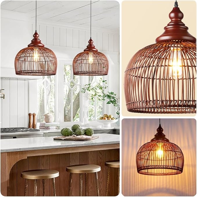 Rattan Pendant Light Kitchen Island, 15.8" Boho Dining Room Light Fixture Hand-Woven Wicker Chandelier Farmhouse Weaving Lighting Coastal Ceiling Hanging Lights for Living Room Restaurant
