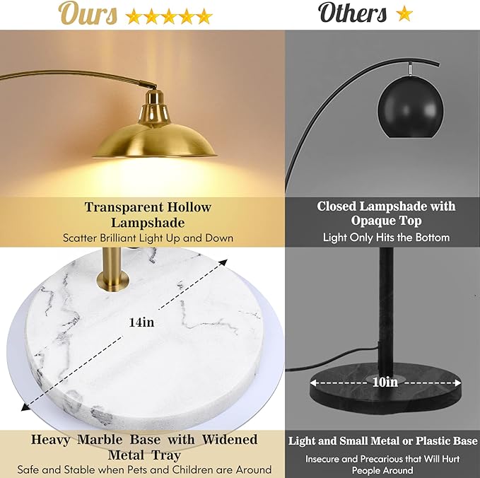 Gold Brass Arc Floor Lamp for Living Room - Mid Century Modern Standing Lamp, Overhanging Floor Lamps, Arch Stand Up Lamp & Floor Light with White Marble Base, Ideal for Bedroom Study Room