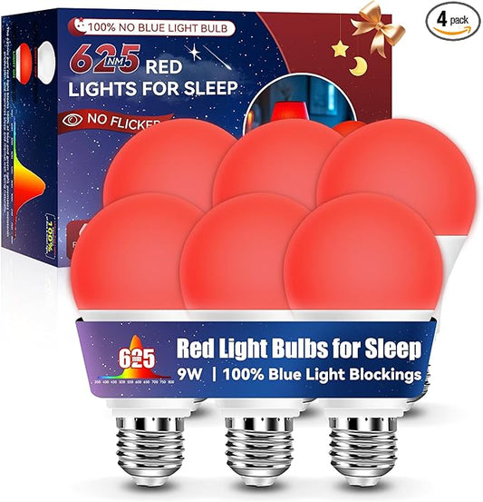 Neporal 625nm Red Light Bulbs for Sleep, 100% Blue Light Blocking Light Bulbs for Melatonin Promoting, A19 LED 9W 60W Equivalent Dim Red Night Light Bulb for Baby Nursery, Sleeping, Reading, 6-Pack