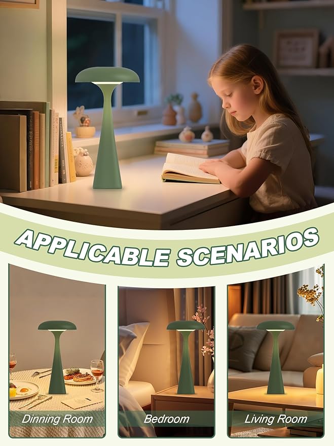 Cordless Table Lamp,Rechargeable Desk Lamp,LED Reading Light with 3 Colors,Mushroom Lamp with Touch & Dimmable,Bedside Lamps for Bedroom Living Room Dorm Decor(Green)