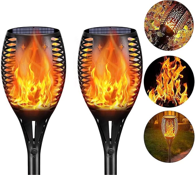 Solar Lights Outdoor, 2 Pack Torches Flame Garden Lights with Flickering Flames Outdoor Waterproof 96 LED Dusk to Dawn Auto On/Off Garden Lights Solar