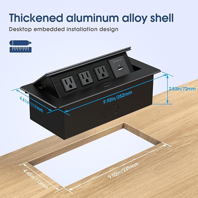 KYHSHJ Connection Box Desktop Pop Up Outlet with 3 * 15A Receptacle，2.1A 1 USB-A Ports &1 USB-C Port，Corrosive Resistant Hardware,Black