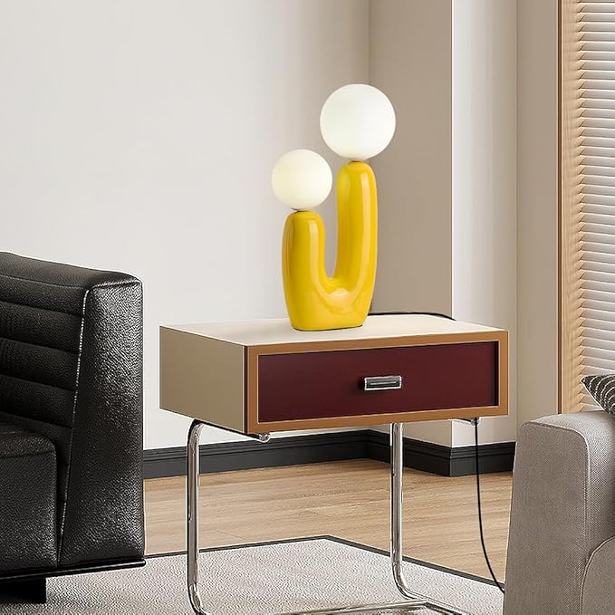 Yellow Cactus Shape Table Lamp Creative Resin 2 Lights Nightstand Lamp 3 Colors Creamy Globe Glass Dimmable Light Fixture for Bedroom Living Room Kid’s Room Office Cafe