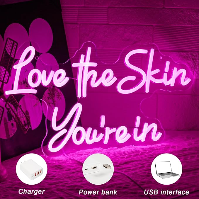 Love the Skin You're in Neon Signs Rose Red Letter Neon Light Facial Spa Neon Light Sign Beauty Salon LED Letter Light for Bedroom Esthetician Yoga Studio Business Dressing Room Wall Decor