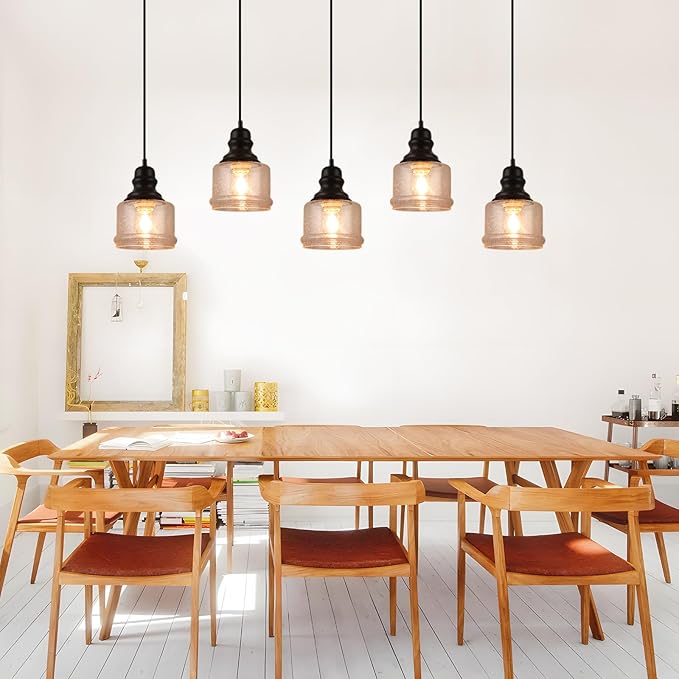 WILON Industrial Pendant Light, 4'' Black Seeded Glass, Farmhouse Kitchen Island Lighting, Adjustable Ceiling Light for Dining Room, E26 Bulb Base, Dimmable