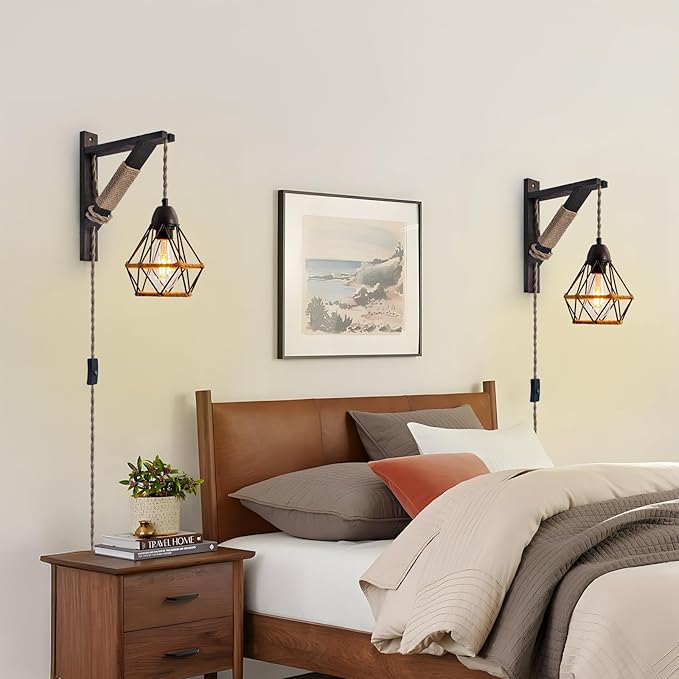 SEEBLEN Plug in Wall Light Sconce Set of 2,Farmhouse Wall Lamp with Plug in Cord On/Off Switch,Industrial Lamp with Metal Cage for Bedroom Headboard Living Room.