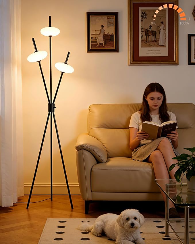 Lightdot Tripod Floor Lamp Stepless Dimmable Black Standing Tall Lamps with 3PCS Elliptical Lampshades Mid Century Modern Floor Lamps for Living Room/Bedroom/Sofa Beside/Corner Decor