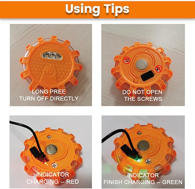 USB-C Rechargeable LED Road Flares Emergency Lights-Large Capacity (Lithium Battery) 3 in 1 Cable Roadside Warning Car Safety Beacon Flashing Disc Kit with Magnetic Base for Vehicles