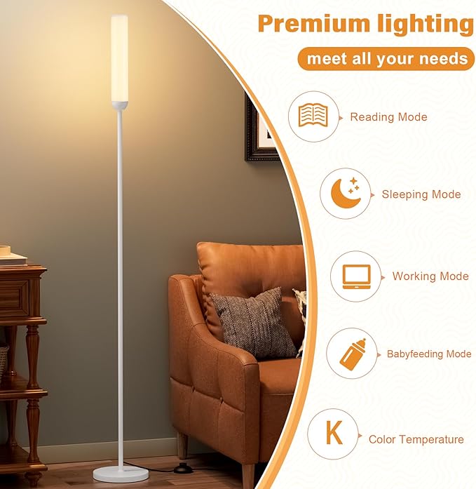 Ambimall LED Floor Lamp with Remote Control, 65" Standing lamp with Stepless Adjustable 3000K-6500K Colors & 30-100% Brightness, Foot Switch(White)