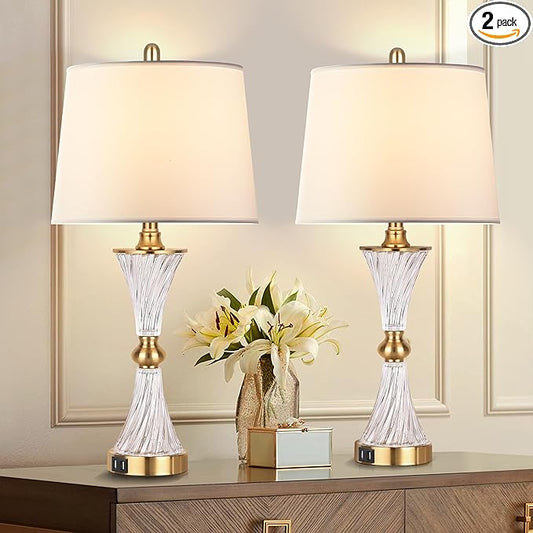 Hamucd Touch Table Lamps for Bedroom Set of 2 Modern Living Room 3 Way Dimmable Gold Glass Bedside Nightstand Lamp for End Table with 2 USB Charging Port,2 Bulbs Included