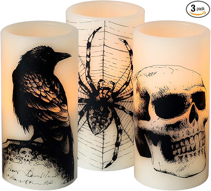 DRomance Halloween Flameless Flickering Candles Battery Operated with 6 Hour Timer White Real Wax Spooky LED Pillar Candles Skull Spider Crown Decals Hallloween Indoor Decor(3 x 6 Inches)
