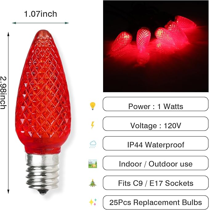 25PCS C9 LED Christmas Light Bulbs - C9 led Bulbs with E17 Base Sockets Replacement Bulbs for Outdoor String Lights - Commercial Grade Multicolored