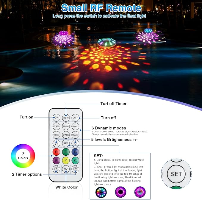 Rechargeable Floating Pool Lights(1 Pack), Pool Lights with 6 Dynamic Lighting, IP68 Waterproof Pool Light RGB Upper and Lower Color Changing LED Pool Light for Pools, Party, Ponds