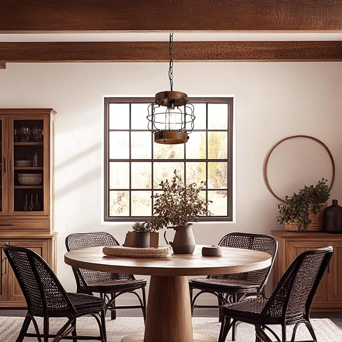 Rustic Pendant Light Fixtures, Farmhouse Chandelier, Vintage Industrial Metal and Wood Chandelier Hanging Pendant Light for Kitchen Island Foyer Hallway Bar Dining Room, D 10.2" x H 10.2"