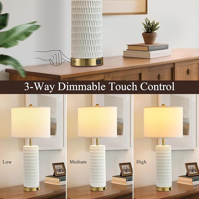 26.5" Ceramic Table Lamps Set of 2, 3 Way Dimmable Touch Control Table Lamps for Living Room, Modern Lamps for Nightstand, Gold