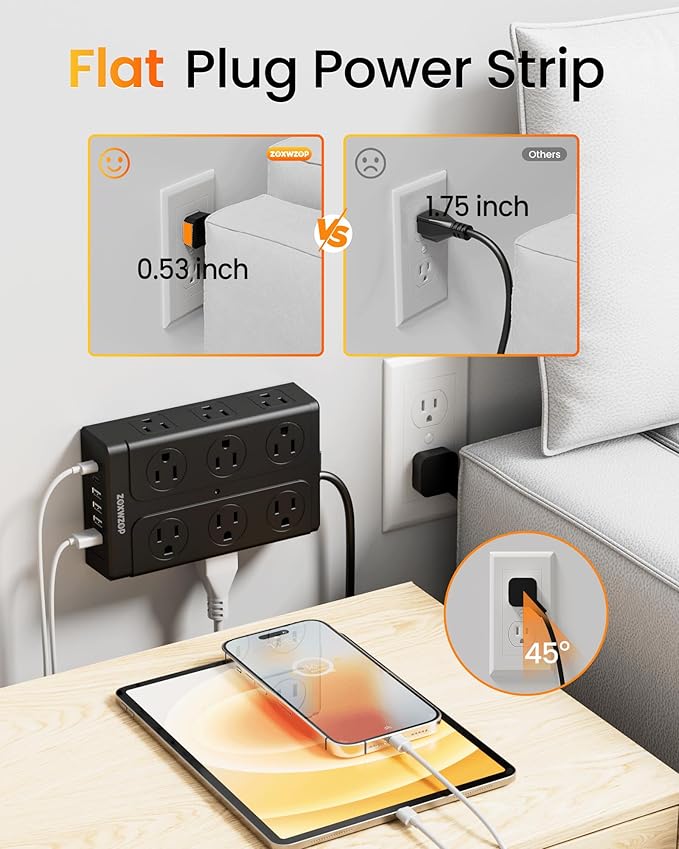 Surge Protector Power Strip – 10FT Extension Cord with 12-Outlet 4 USB-A & 2 USB-C Ports, 1850W/15A, Flat Plug, Wall Mountable – ETL Listed for Home, Dorm Room